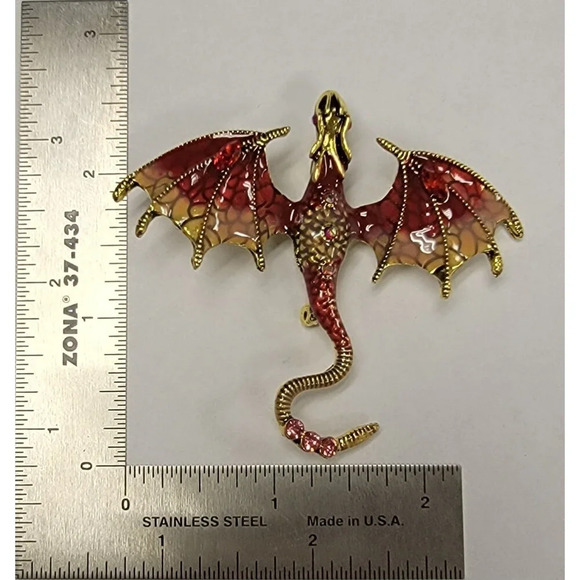 Red Enameled Dragon Brooch Pin - Picture 2 of 2
